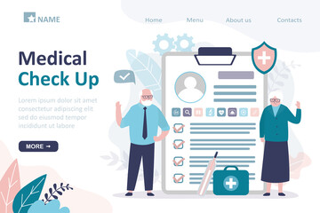 Medical check up, landing page template. Elderly couple underwent complete medical examination. Report with data on check up results and patients analyzes. Healthcare concept.
