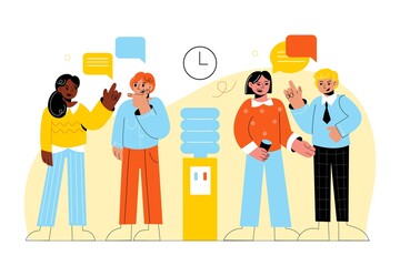 Office people communication. Employees talk near cooler during work break. Men and women converse. Standing persons with discussion speech bubbles. Colleagues gossip. Vector concept