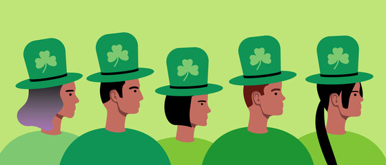 People celebrating st patrick's day, flat vector stock illustration with green color