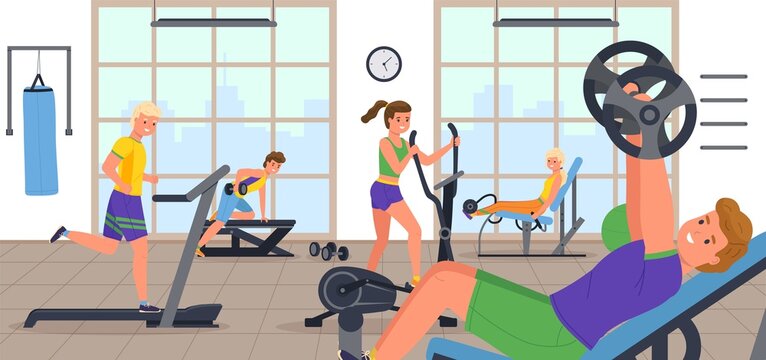 People at sport gym. Fitness characters in training. Men and women engaged in sports simulators. Workout and stretch. Sportsmen running on treadmill or lifting dumbbells. Vector concept