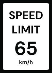 Speed limit 65 kmh traffic sign on white background