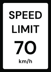 Speed limit 70 kmh traffic sign on white background