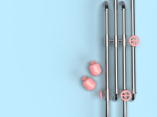 3d render. Steel pipes of a gas pipeline with a pink valve and pink gas cylinders. View from above. Postcard or banner. Blue background