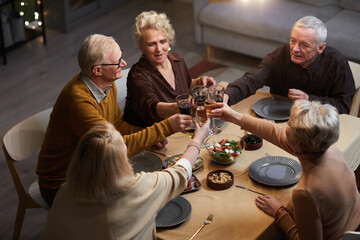 High angle view of five aged friends gathered at table, clinking wine and champagne glasses while having festive dinner