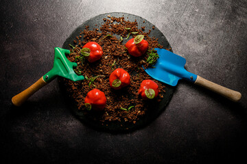 Dish of molecular cuisine with garlic covered with red jelly