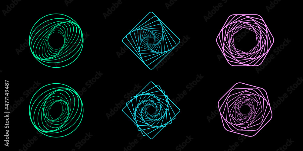 Poster set of twisted futuristic spirals. collection of wavy fractals. abstract wireframe linear tunnels. t