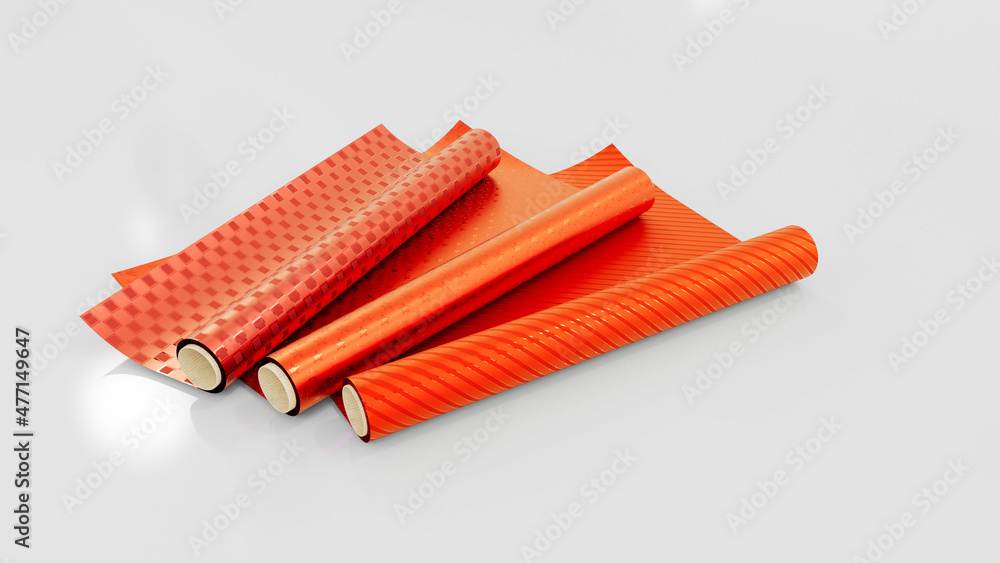 Poster pretty red present wrapping paper on white backdrop, isolated - object 3d rendering