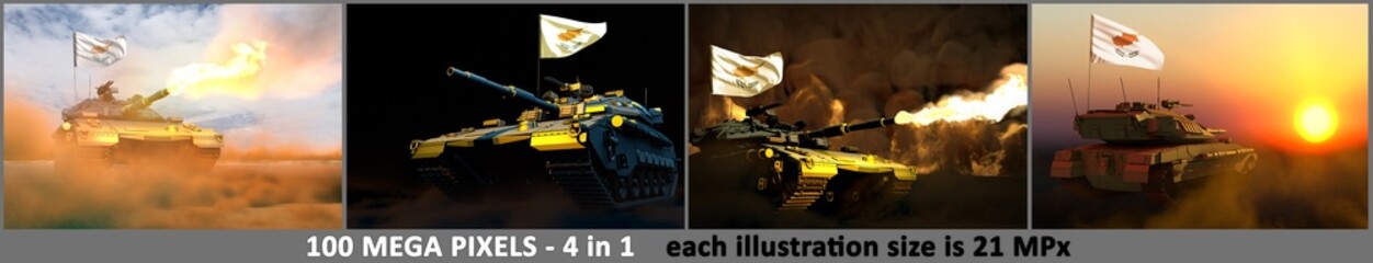 4 pictures of highly detailed tank with not existing design and with Cyprus flag - Cyprus army concept with place for your content, military 3D Illustration
