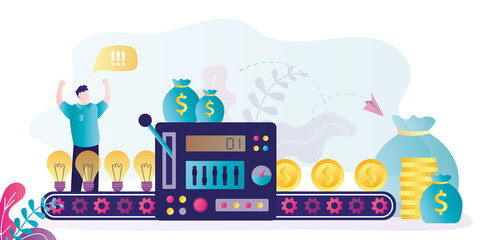 Naklejka premium Happy businessman starts up money making machine. Entrepreneur monetizing creative ideas. Conveyor belt with gold coins. Male character makes high profit from ideas. Increase revenue.
