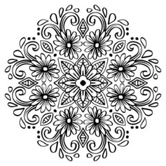 Ornamental mandala design background with flowers. Black and white. 