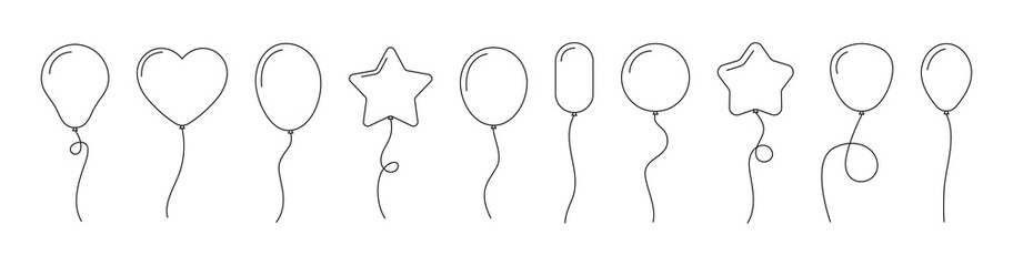 Balloon outline icons. Balloon with string in line cartoon style. Different shapes of ballons for birthday, party and wedding. Black contour of baloon silhouettes in doodle minimal style. Vector