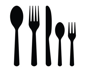 Fork, knife, spoon silhouettes. Dinner icons. Food cutlery. Set of silverware for food in restaurant. Utensil for of eat, meal and lunch. Graphic symbols for kitchen. Black dishware. Vector