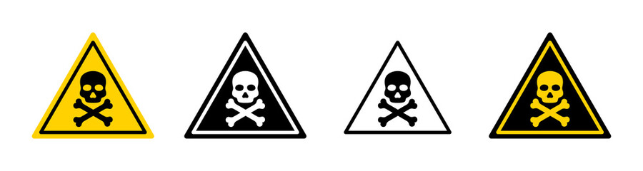 Danger sign with skull. Warning icon of poison, toxic, chemical and electricity. Danger triangle - symbol of death. Outline sign of caution, risk and hazard. Vector - obrazy, fototapety, plakaty