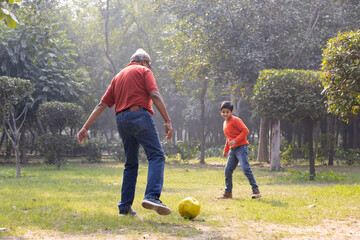 Grandfather and grandson playing with ball at park
