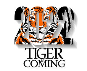 Tiger is coming. 2022 Year of tiger, drawing tiger face and numbers 2022 for poster, brochure, banner, invitation card, T-shirt print Vector on transparent background.