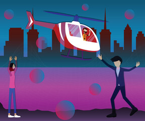 Flat design of digital technology,The young man rides a helicopter in virtual world - vector