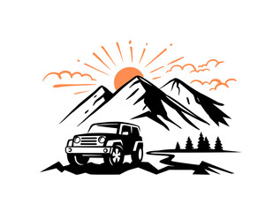 Mountain landscape with off road car vector. SUV auto © bioraven