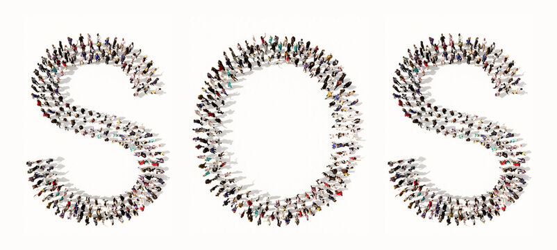 Concept or conceptual large community of people forming SOS message. 3d illustration metaphor for danger, distress, help,  emergency, rescue and assistance, 911