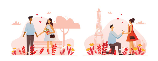 A set of romantic characters in different poses. Couples in love. Vector illustration.
