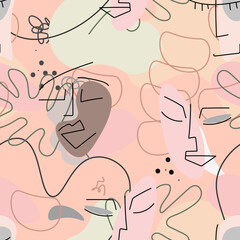 One line drawing. Abstract face seamless pattern.