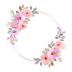 Cute pink purple floral wreath with watercolor