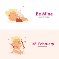 Cute banners with Cupid character in different poses. Amur babies. Vector characters.