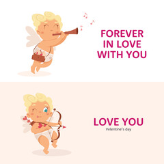 Cute banners with Cupid character in different poses. Amur babies. Vector characters.