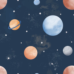Obraz na płótnie Canvas Watercolour cosmos space scene with planets and stars seamless pattern vector illustration. Perfect for fabric or paper printing.