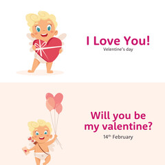 Cute banners with Cupid character in different poses. Amur babies. Vector characters.