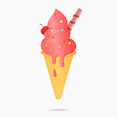 Illustration of popsicles in a waffle cup. There is a cherry on the left, a tube on the right. Ice cream drips onto a waffle cone. Isolated white background. Vector illustration.