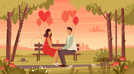 A couple in love sits on a bench with balloons. Valentines day banner. Romantic landscape background.