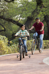 Cheerful father and son riding bicycle at park
