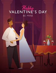 Couple romantic dinner in restaurant, man and woman dancing. Vector illustration.