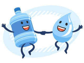 Cartoon Water Bottle Character and Cartoon Water Drop Character dancing. Joyful meeting. Sweet couple jumps holding hands. Bottled water delivery.