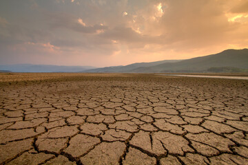 Drought impact lake drying with lack of rain water in season. Climate change and global warming...