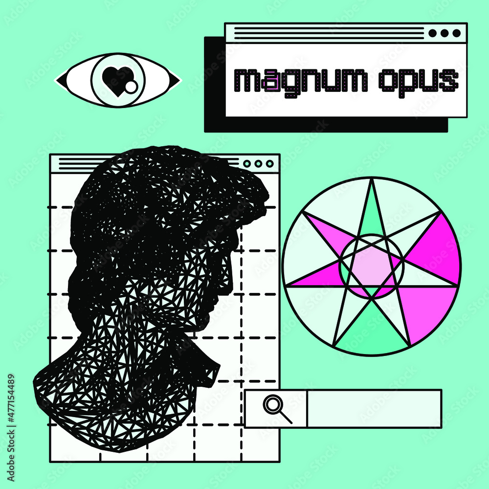 Poster retro computer interface and 3d low poly model of bust sculpture. vaporwave style vector illustratio