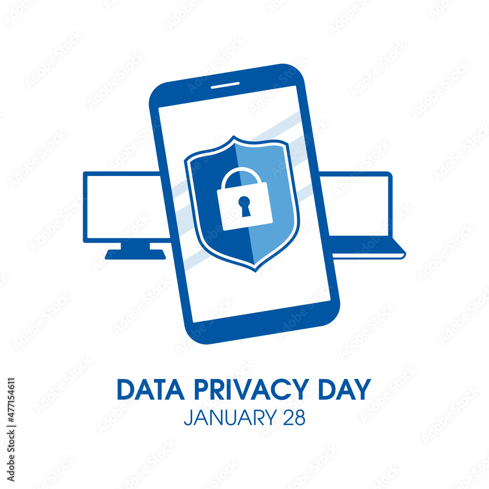 Poster data privacy day vector. protected mobile phone with shield and lock icon vector. mobile phone, lapt