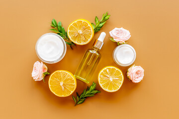 Beauty cosmetic products with herbs citrus and flowers