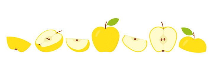 Cute yellow apple set. Flat fresh sliced apples collection. Vector isolated on white.