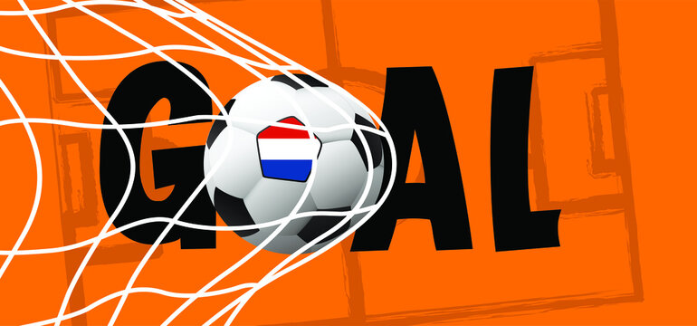 Ball in goal with the flag of the Netherlands. Soccer ball or football net. Vector, orange background banner. Holland or Dutch orange supporters. Goal net. Sport finale wk, ek game. 2021, 2022 qatar