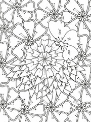 Doodle floral pattern in black and white. A page for coloring book: very interesting and relaxing job for children and adults. Zentangle drawing. Flower carpet in a magic garden