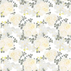 Behang White roses and orchids on isolated background seamless watercolor pattern. Classic floral wallpaper with eucalyptus branches. For printing on fabric and wrapping paper. © Olga Shulgina