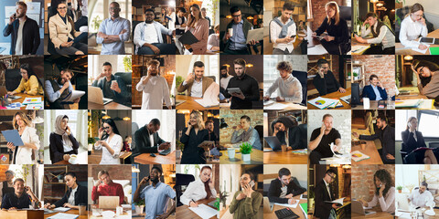 Collage made of portraits of multiethnic people, businessmen at office area, indoors. Business,...