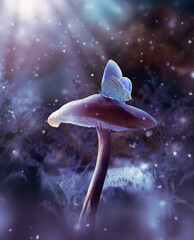 Fantasy mushroom and blue butterfly in enchanted fairy tale dreamy elf forest, fabulous fairytale...