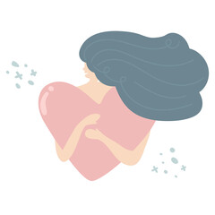 Young woman hugs a big heart with love and care. Girl with long hair holds pink heart in hands. Self care and body positive concept. Feminism, fight for your rights, girl power concept. Fall in love