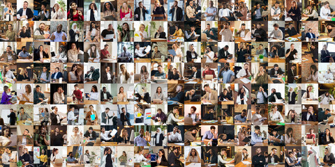 Naklejka premium Collage made of portraits of multiethnic people, businessmen at office area, indoors. Business, education, teamwork, work, finance, tech concept.