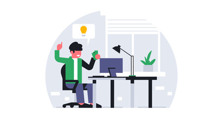 A male office worker got the idea to order food. Online ordering food to the office. Lunch break at work, time to eat. Workplace interior, work table, lamp, light. Vector illustration