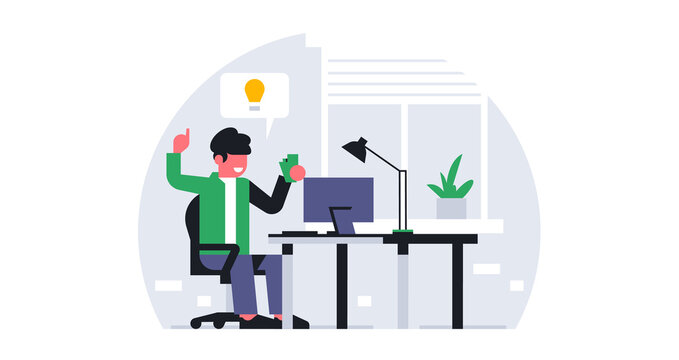 A male office worker got the idea to order food. Online ordering food to the office. Lunch break at work, time to eat. Workplace interior, work table, lamp, light. Vector illustration