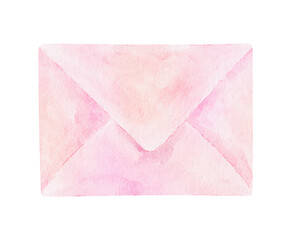 Watercolor pink envelope isolated on white background. Can be used for for Valentines day card, invitation and other design.