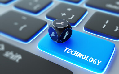 Fototapeta premium Work Tool Wrench Symbol On A Dice Over Laptop Computer Keyboard with Social Media Text on Technology Button